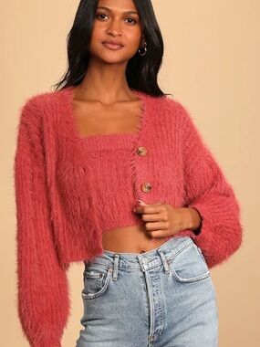 Lulus Twice as Chic Berry Pink Eyelash Knit Tube Top and Cardigan Set